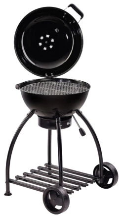 Rösle Holzkohlegrill Kugelgrill No.1 F50 Sport - FC Bayern Edition - Inkl. FC Bayern Abdeckhaube -Outdoor-Grillladen Roesle Holzkohlegrill Sport F50 FC Bayern Deckel offen